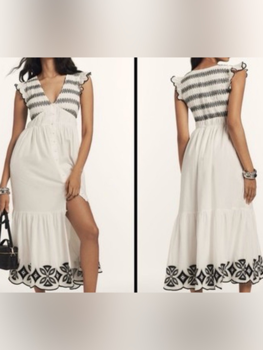 Anthropologie Maxi Dress with Black Embroidery - Button-Front Summer Dress